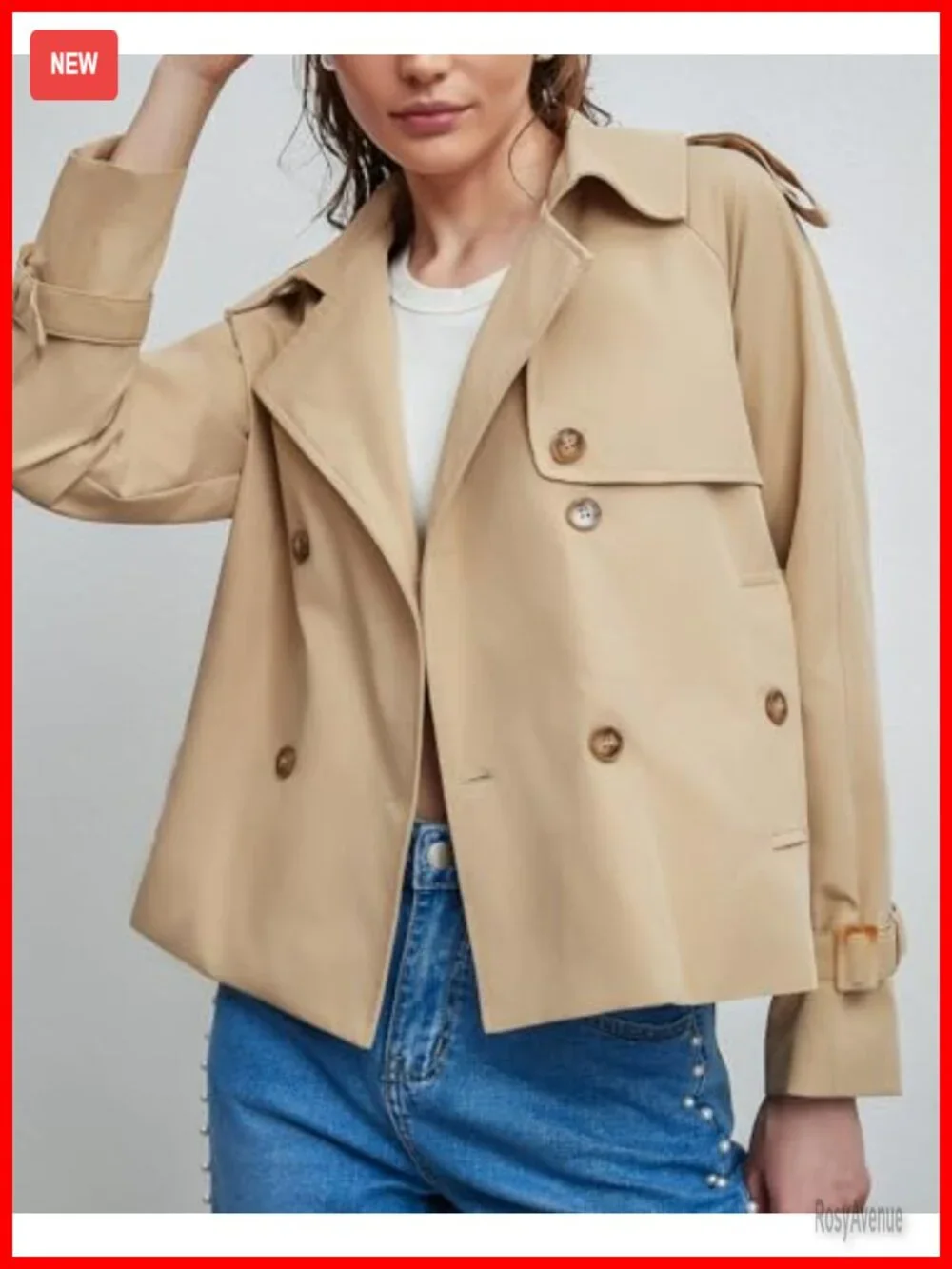 Cropped Trench Coat Double Breasted Notched Lapel Belted Cuffs